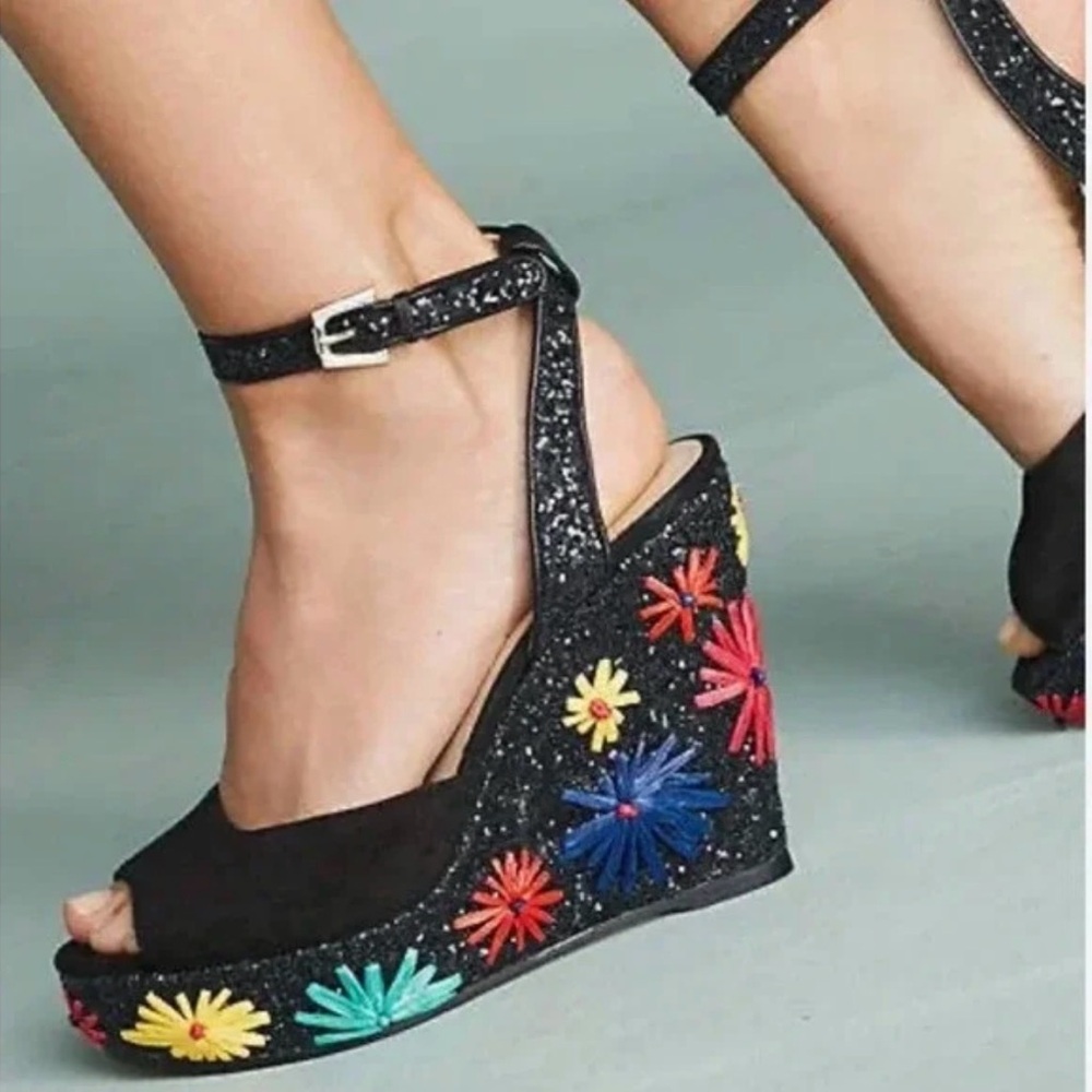 Botkier Jessie Wedge Sandals Black Wedges with Colorful Floral Accents